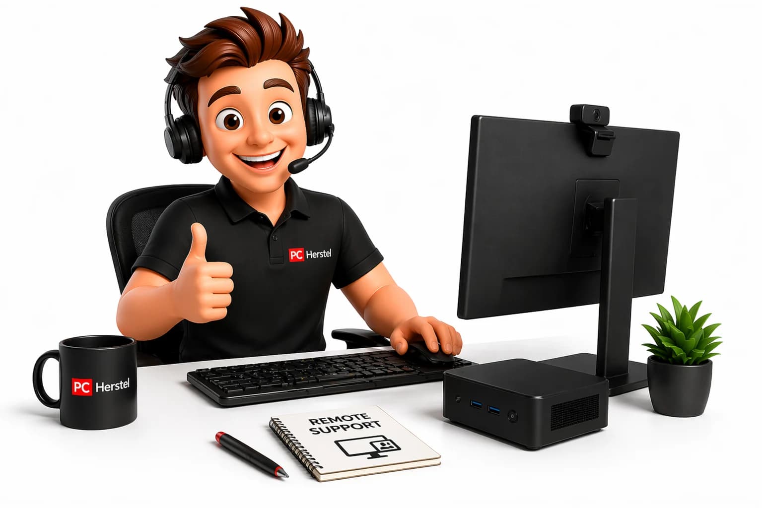 PC Herstel mascotte met headset bij computer — remote support
