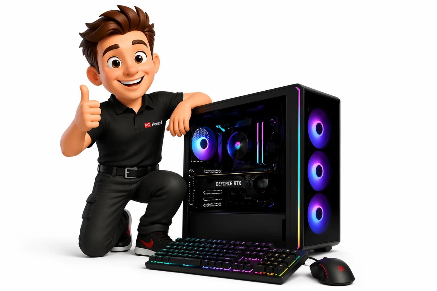 PC Herstel mascotte met custom gaming PC met RGB verlichting